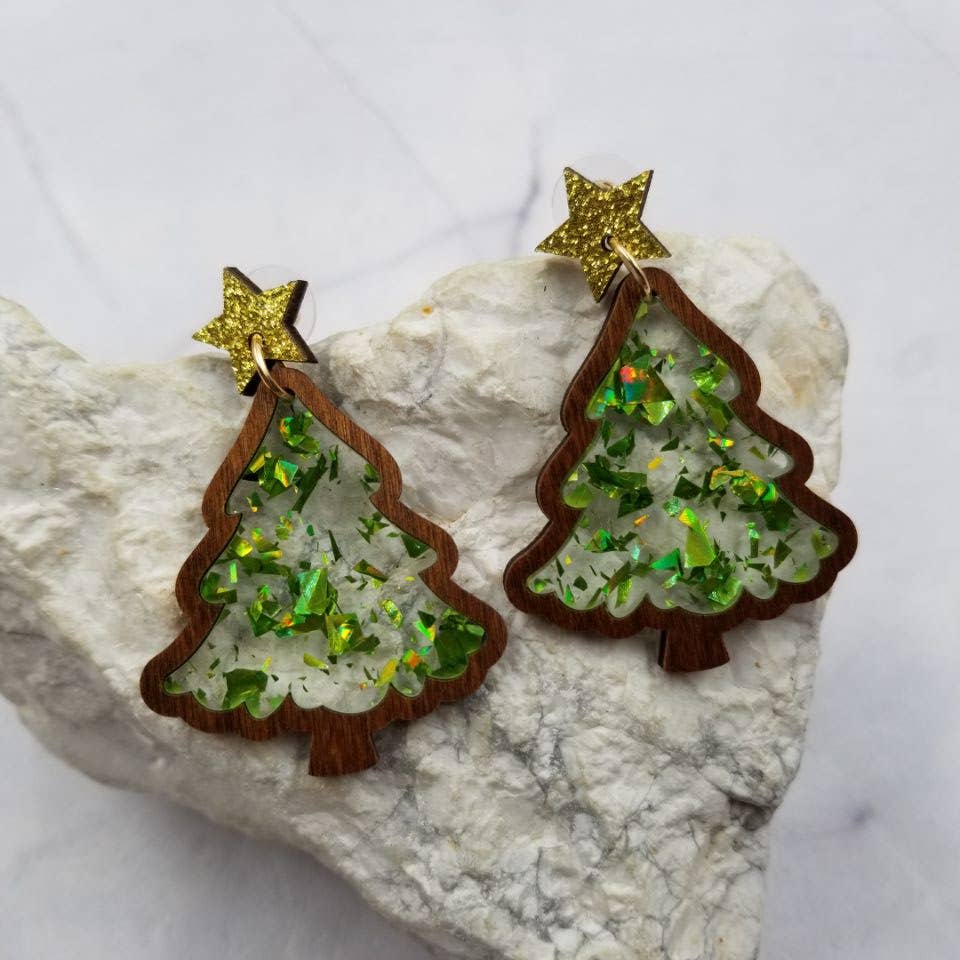 The Pretty Jewellery - Wholesale Dangle Earrings - Glitter Acrylic and Wooden Christmas Tree Earrings