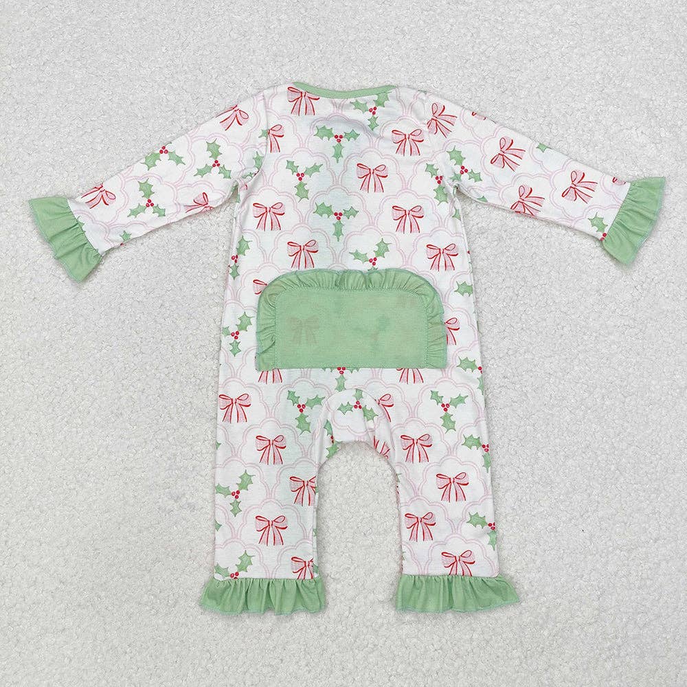 Aier Wholesale - Wholesale Jumpsuit - Baby - Baby Infant Girls Christmas Bows Holly Long Sleeve Zip Rompers1