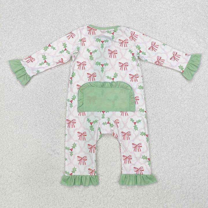 Aier Wholesale - Wholesale Jumpsuit - Baby - Baby Infant Girls Christmas Bows Holly Long Sleeve Zip Rompers1