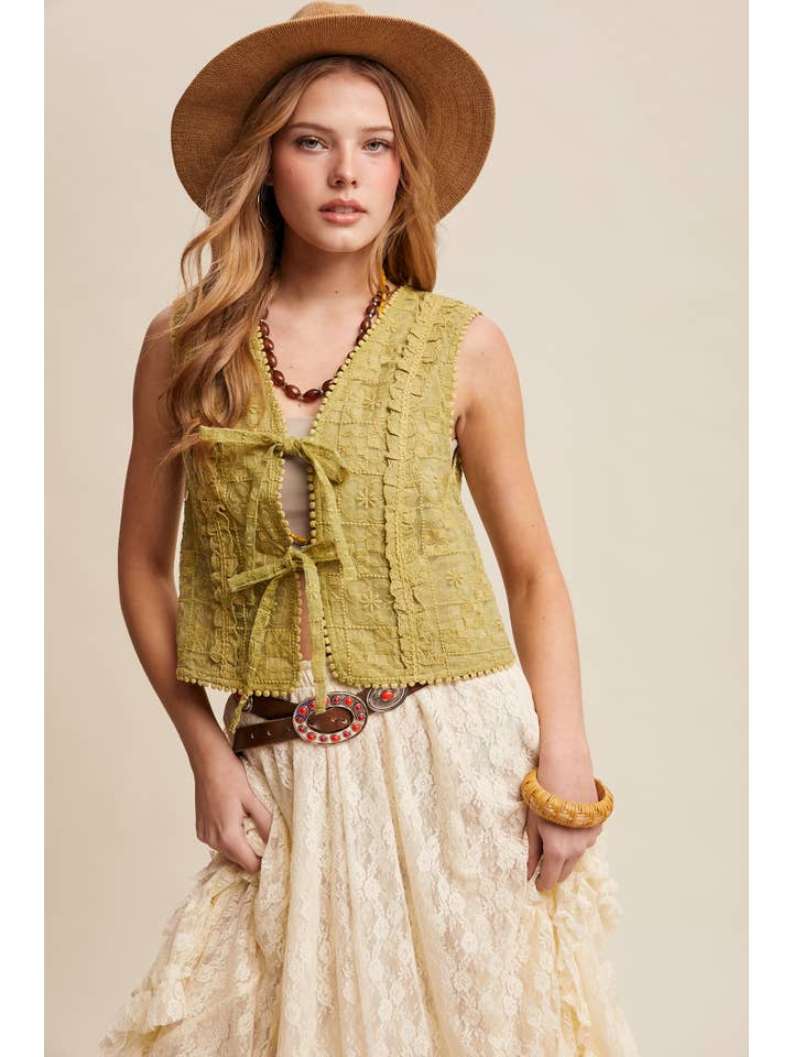 Listicle - Wholesale Outerwear Vest - Women’s - Embroidered Lace Tie-Front Vest LVT0091
