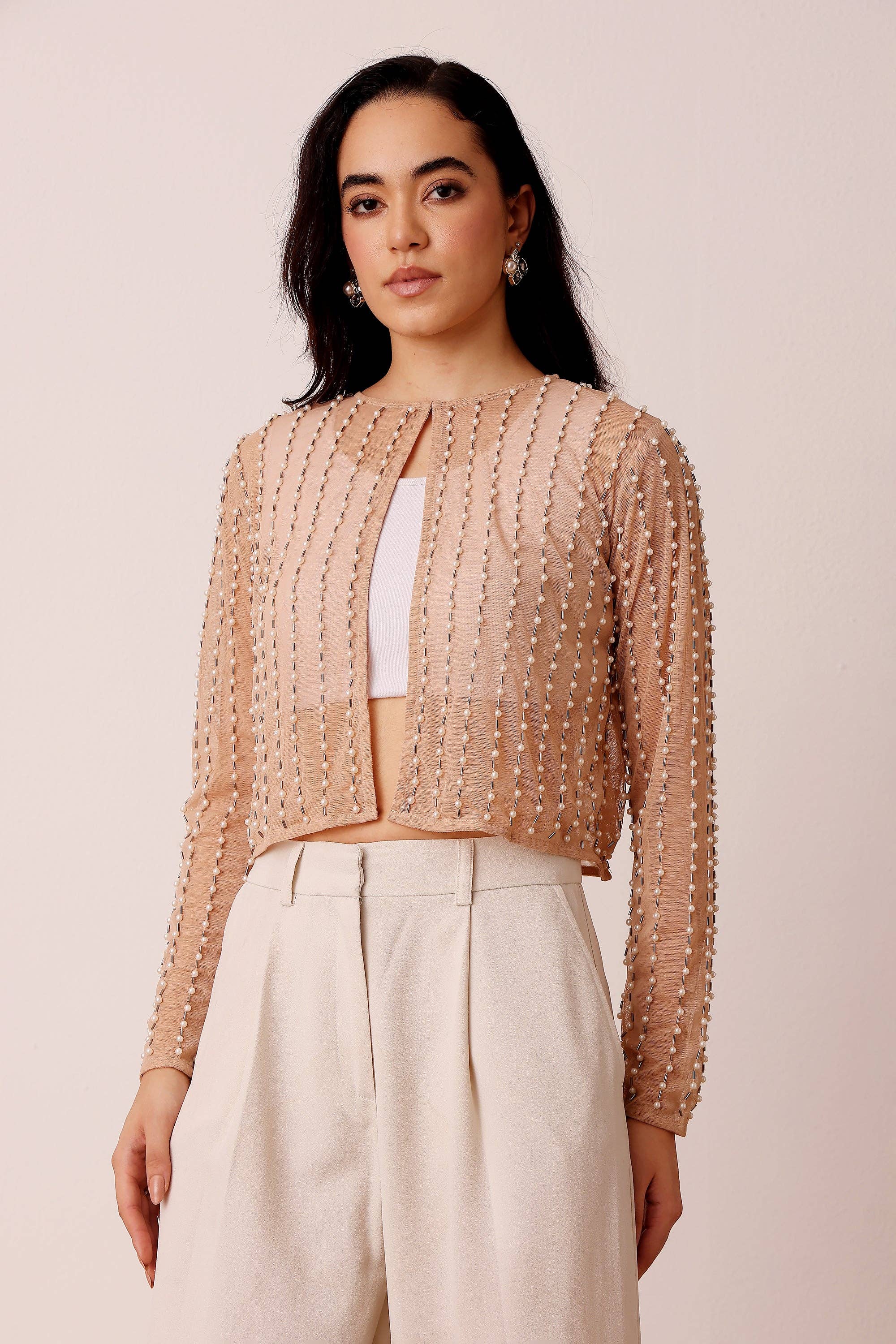Pearl Embellished Sheer Cropped Jacket in Beige for wholesale on Faire1