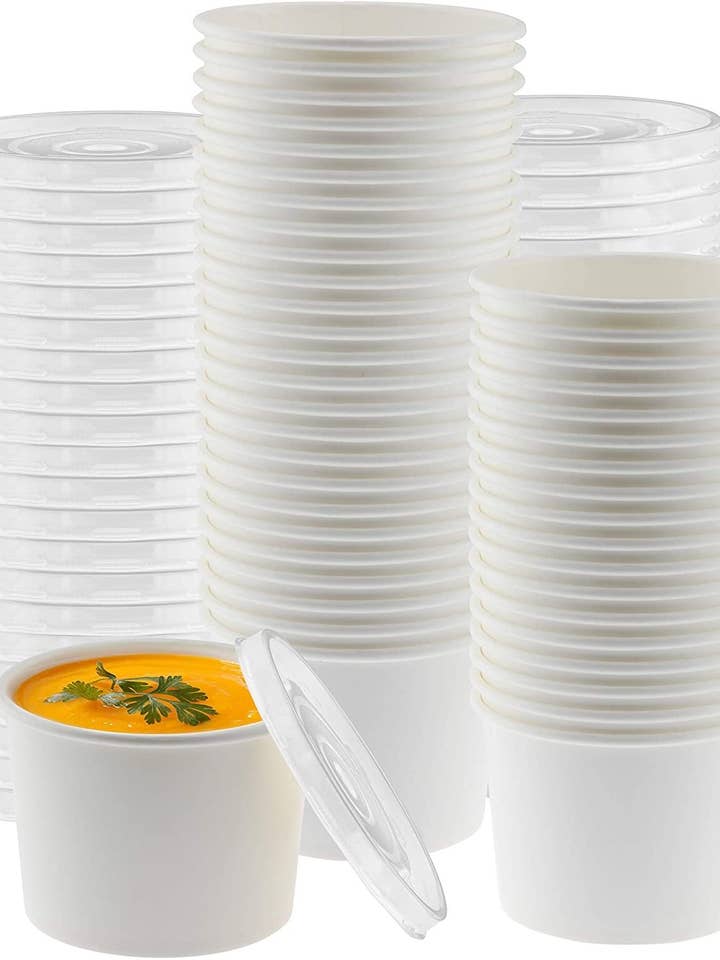 Paper Soup Storage Containers With Lids | 8 Ounce Insulated Take Out Disposable Food Storage Container Cups For Hot & Cold Foods | Eco Friendly To Go Soup Bowls With Vented Lid | 50 Pack for wholesale by singleware