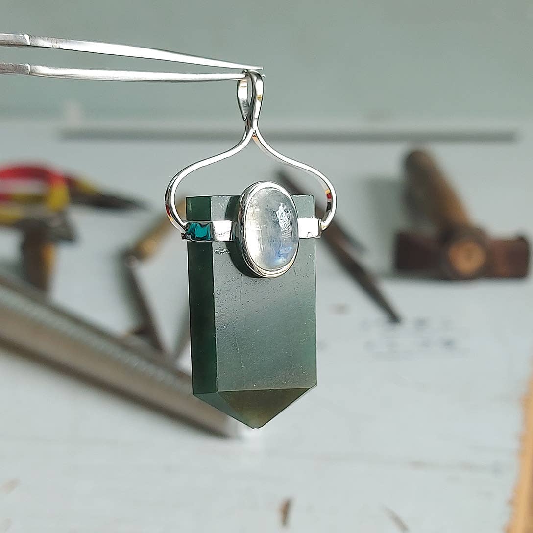 Crystal Earth Sterling - Wholesale Spiritual Stone/Crystal - Sterling Stone Healer Pendant - Jade & Rainbow Moonstone2