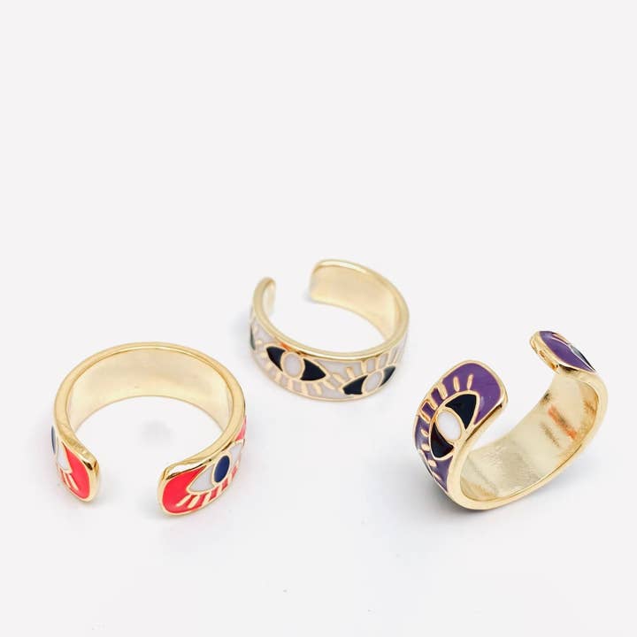 Mio Queena - Wholesale Cocktail/Statement Ring - Enamel Gold-Plated Evil Eye Ring