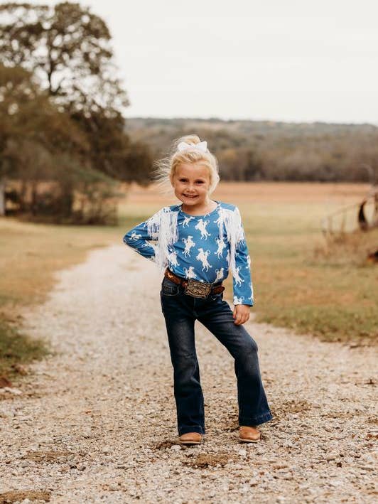 Rearing Horse Long Sleeve Fringe Shirt, Size 3T-5T for wholesale by Shea Baby