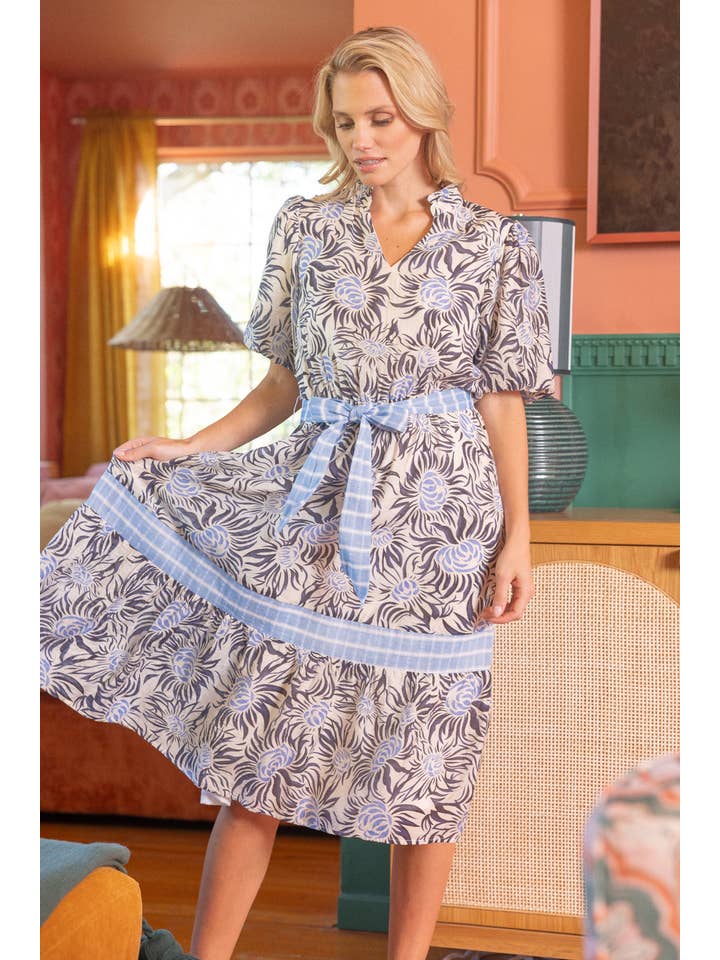 Navy 35354 Floral Print Contrast Stripe Midi Dress for wholesale on Faire