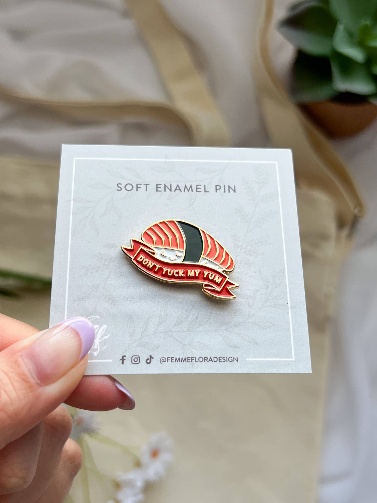Femme Flora Design - Wholesale Lapel Pin/Button - Don't Yuck My Yum Sake Sushi Nigiri Pastel Soft Enamel Pin3