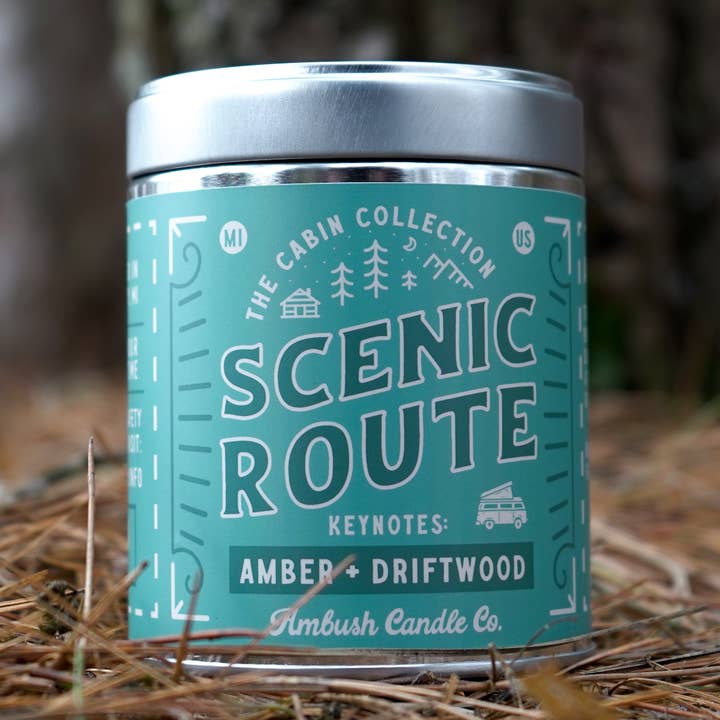 Scenic Route | Amber + Driftwood 14oz Soy Candle for wholesale by Ambush Candle Co.