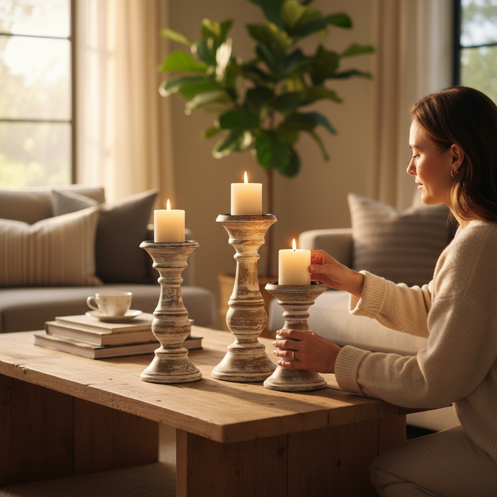 Wilco Home – Großhandel Kerzenhalter – Set von 3 Star-light-Holz-Stumpenkerzenhaltern1