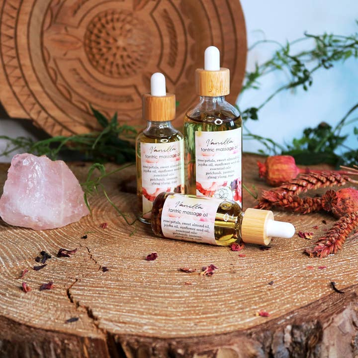 Tantric "Vanilla" Sensual Massage Oil, with rose petals for wholesale by Ayamani Naturals