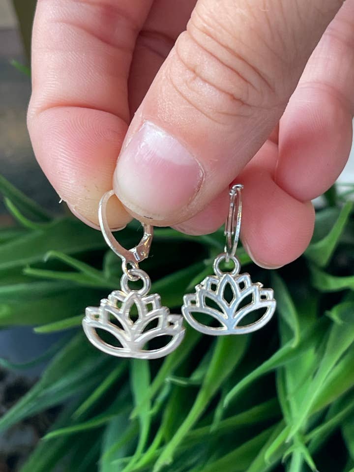 Lotus Hoop Earrings, Silver Plated Huggie Earring Hoops for wholesale by Tumbledshop