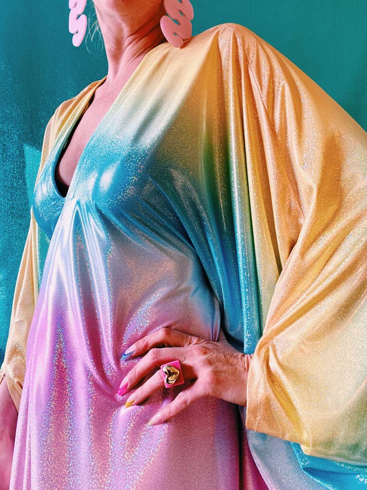 Fumbalinas - Wholesale Kaftan – Women's - Liquid Holographic Pastel Rainbow Studio 54 Maxi Kaftan Dress58