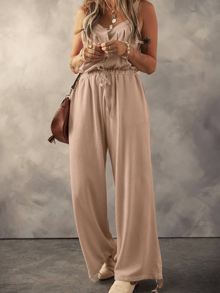 Lovesoft - Wholesale Jumpsuit - Women's - Women's Knotted Straps Button Textured Drawstring Jumpsuit4
