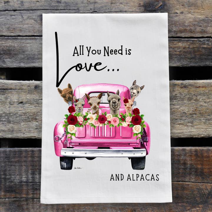 Love Alpaca Tea Towel, 'Pink Farm Truck' Kitchen Towel for wholesale by Hippie Hound Studios