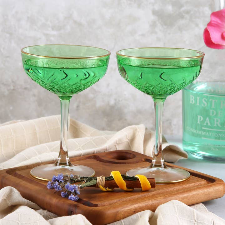 Gekleurde Art Deco Cocktailglazen, Vintage Coupe met Gouden Rand voor wholesale door Mory Design Store