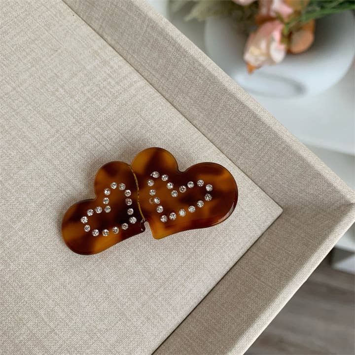 Last True Angel - Wholesale Hair Clip - Women's - Rhinestone Double Heart Crocodile Clip in Tortoiseshell