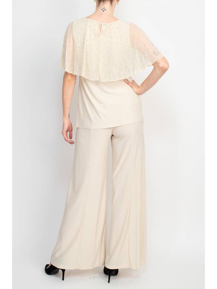 Immediate Apparel - Wholesale Top & Pant Set (NOT Loungewear) - Women's - Marina Boat Neck Embellished Capelet Sleeve Solid Top and Elastic Mid Waist Wide Leg wo Piece Pant Set9