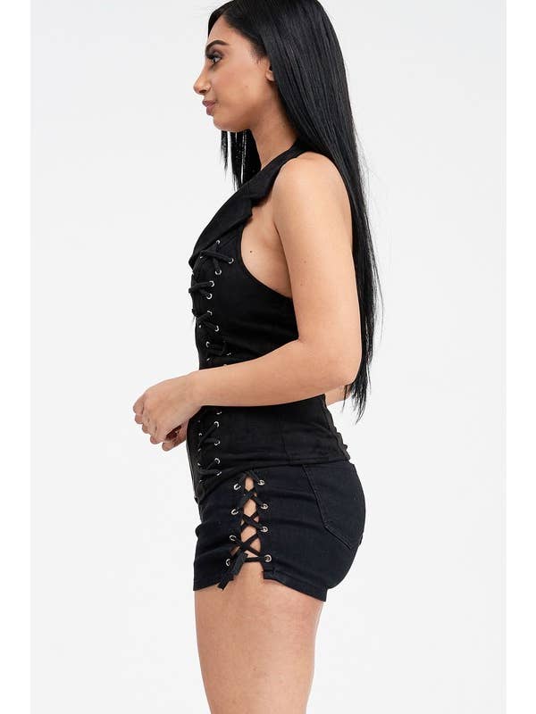 Lydia USA - Wholesale Blouse - Women's - Lace Up Collar Halter Suede Top16