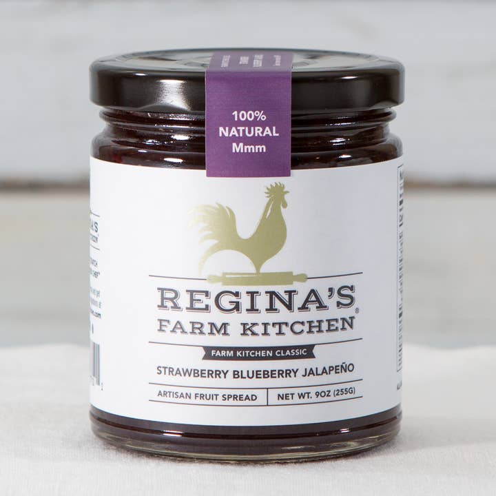 Strawberry Blueberry Jalapeno 9 oz jar for wholesale by Regina's Farm Kitchen, Artisan Fruit Spreads