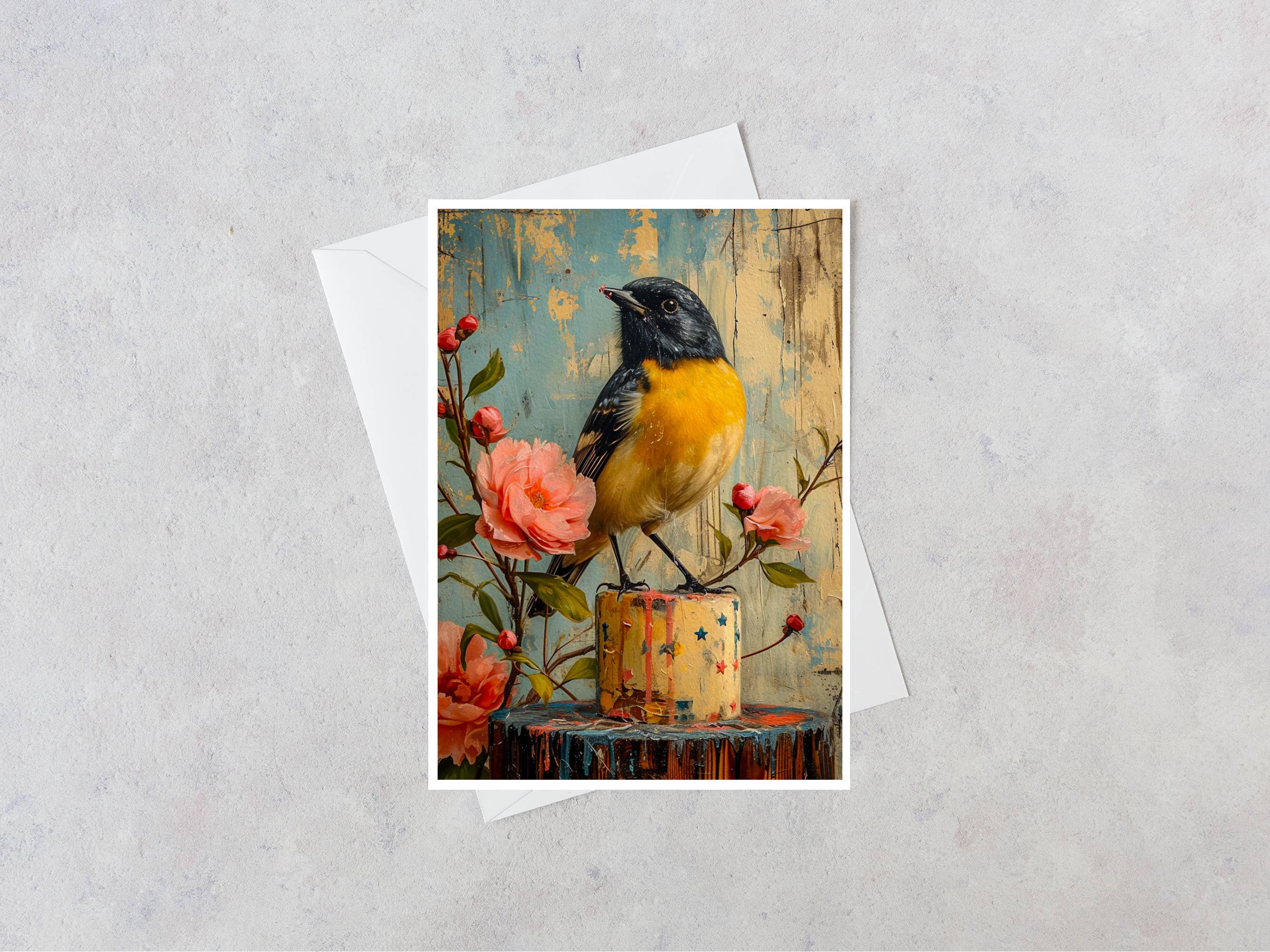 Salty Alyce - Wholesale Everyday Greeting Card - Black And Yellow Bird On Cake Blank Card 100AS