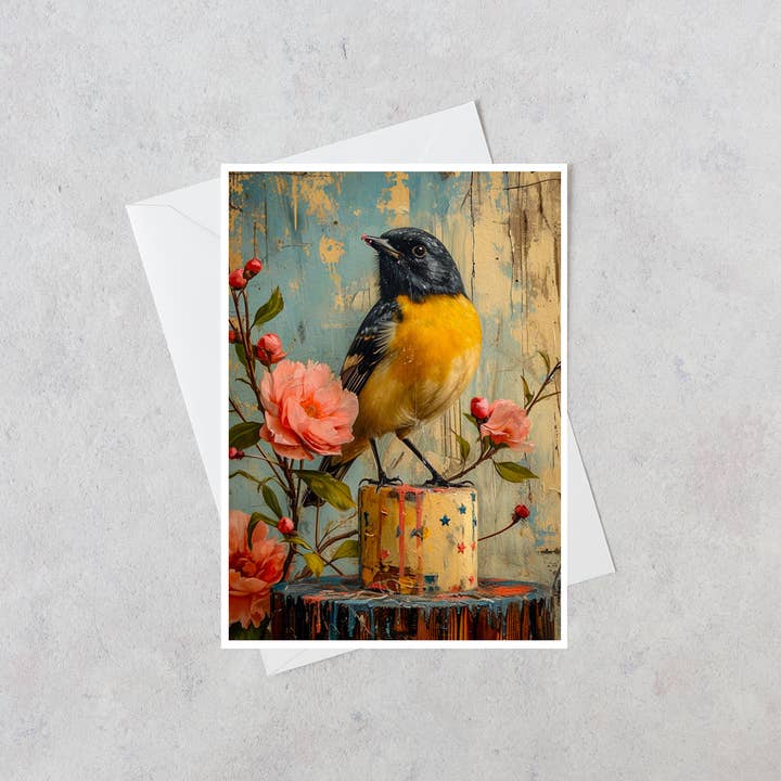 Salty Alyce – Großhandel Grußkarten für den Alltag – Schwarze und gelbe Blankokarte mit Vogel auf Torte, 100 AS 0