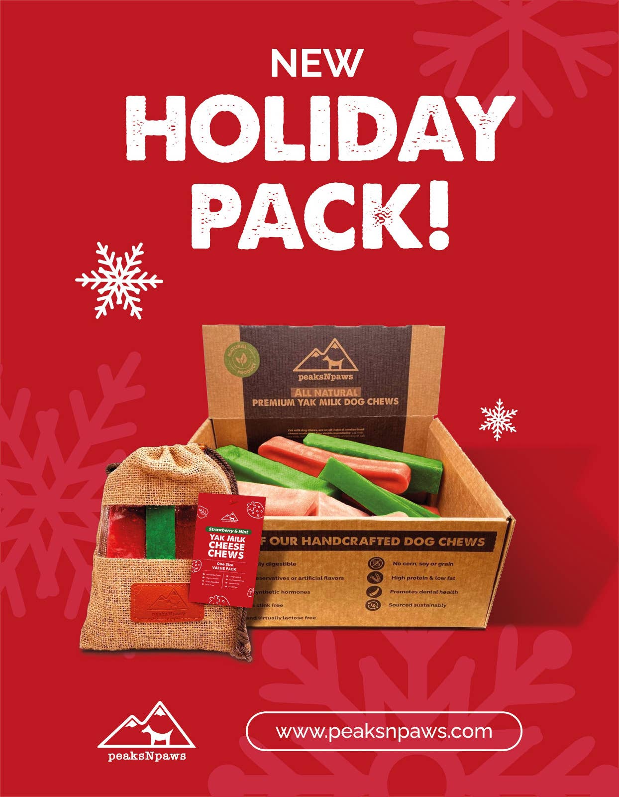 peaksNpaws - Wholesale Pet Treats - Dog - Holiday Yak Milk Chew Pack - Mint and Strawberry1