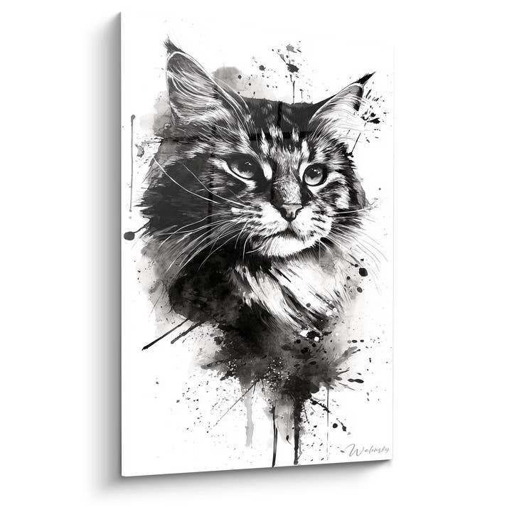 Svartvitt Akvarell Katt Tavla - Uttrycksfullt Kattkonstverk - American Bobtail Katt Edition för wholesale av Walensky