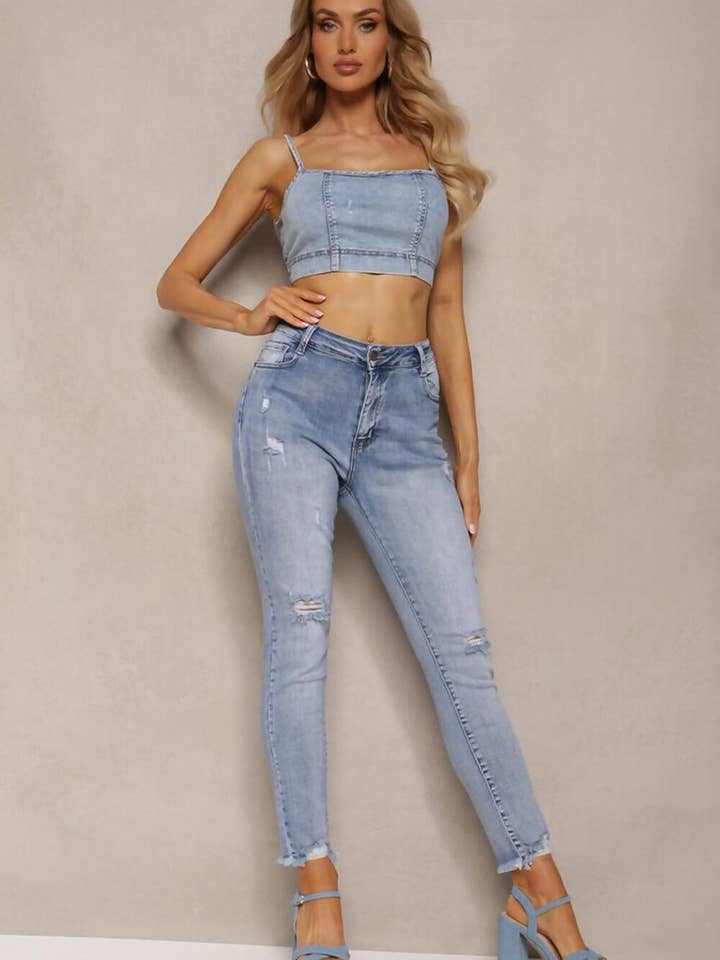 PLUS SIZE BLUE DENIM RIPPED SKINNY HEM JEANS for wholesale on Faire
