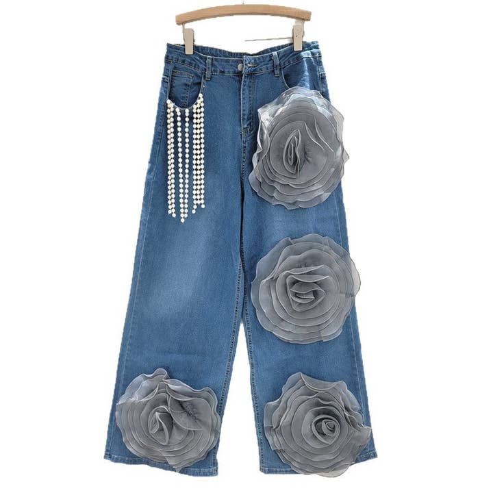 Sanyao Fashion - Wholesale Jeans - Women's - 1M261 2025 Handmade Washed Denim Pearl Tassel Wide-Leg Jeans5