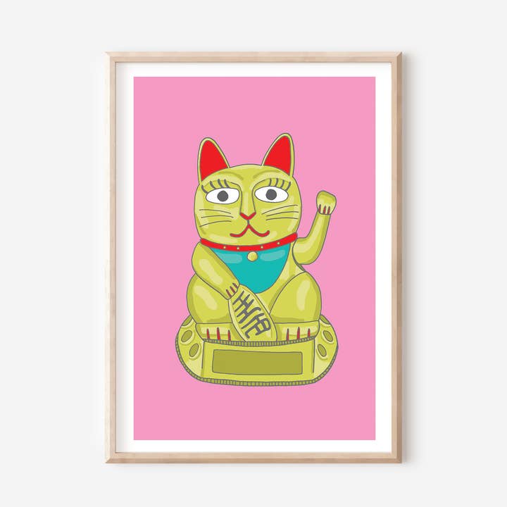 Lucky Cat A4 Kunsttryk | Maneki Neko Pink Vægkunst for engroshandel hos You've Got Pen On Your Face