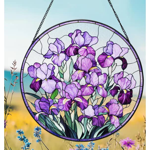 NVC Ecommerce LLC - Wholesale Suncatcher - Purple Irises Stained Glass Suncatcher, Flower Decor 1