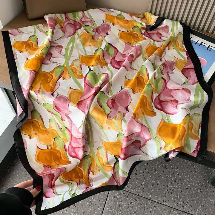 PEACH ACCESSORIES - Wholesale Scarf - Women's - Calla Lily Motif Satin Scarf in Cream/Orange TT3391
