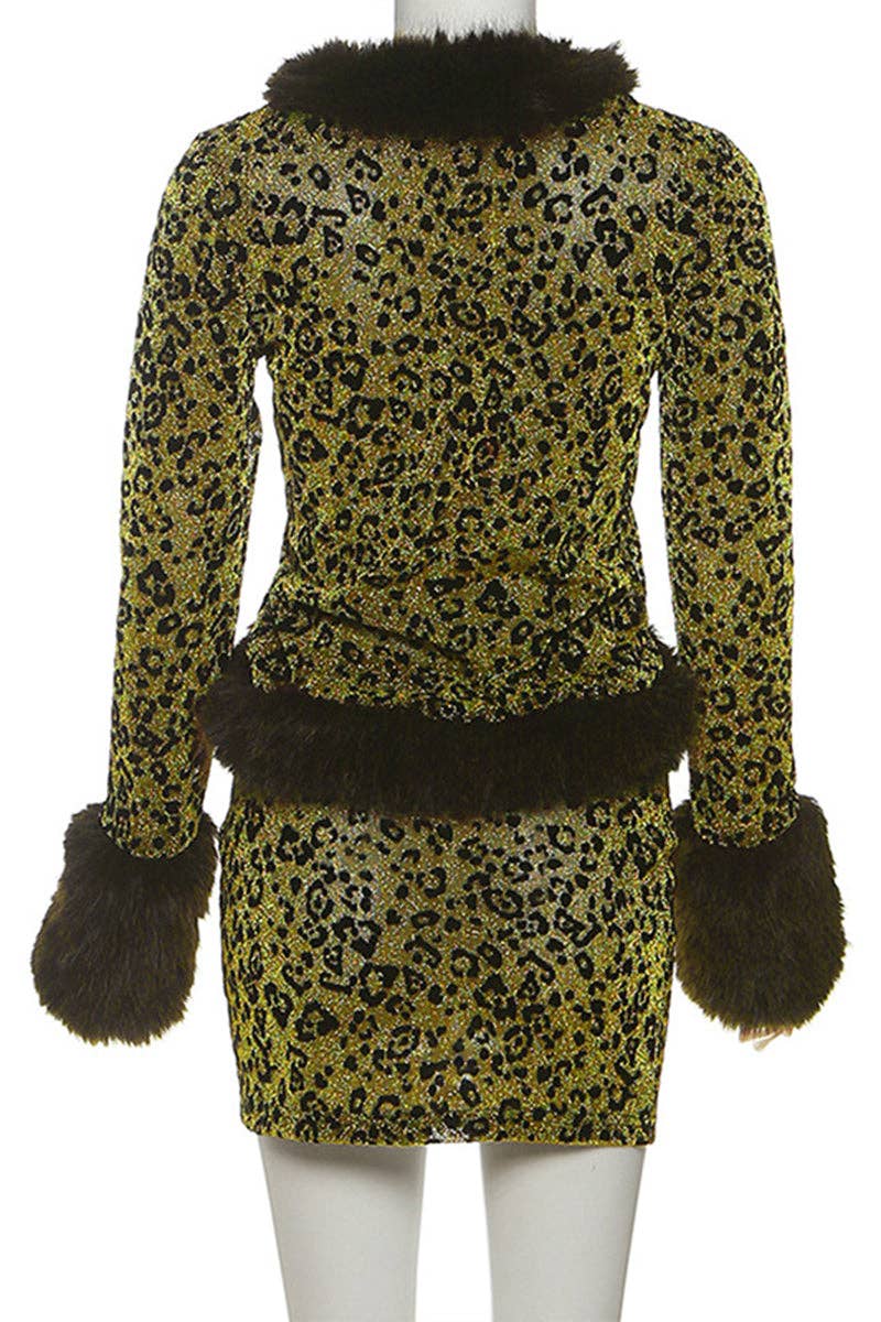 YELLOW Faux Fur Trim Leopard Skirt Set for wholesale on Faire4