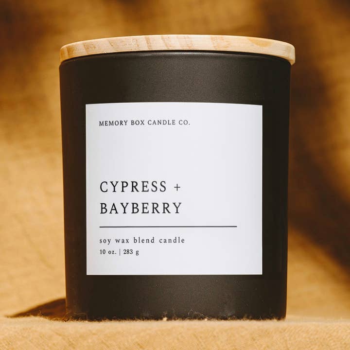Soy Candle - Cypress + Bayberry - 10 oz. Matte Black Glass for wholesale by Memory Box Candle Co.