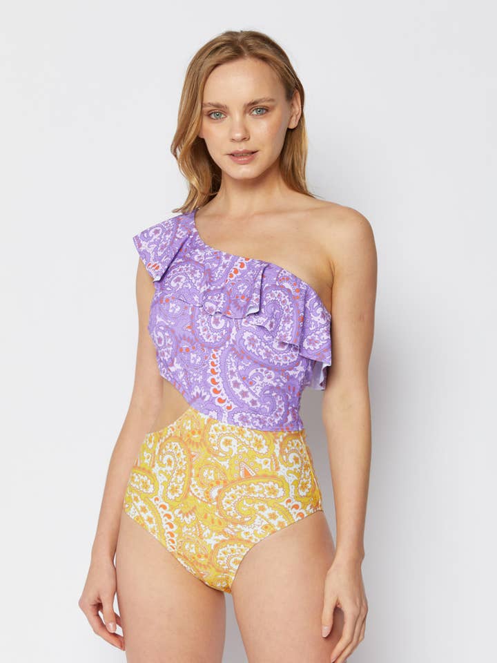 Ruffle one-shoulder one-piece swimsuit - F1813-Paisley for wholesale by MARINA WEST SWIM