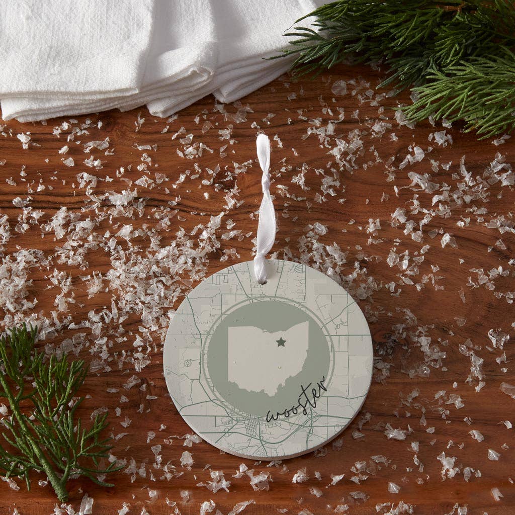 Love Local - Wholesale Ornament - Vintage Groove State Star Map Ohio Wooster4
