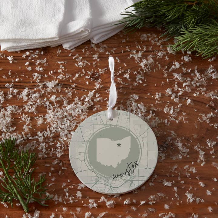 Love Local - Wholesale Ornament - Vintage Groove State Star Map Ohio Wooster4