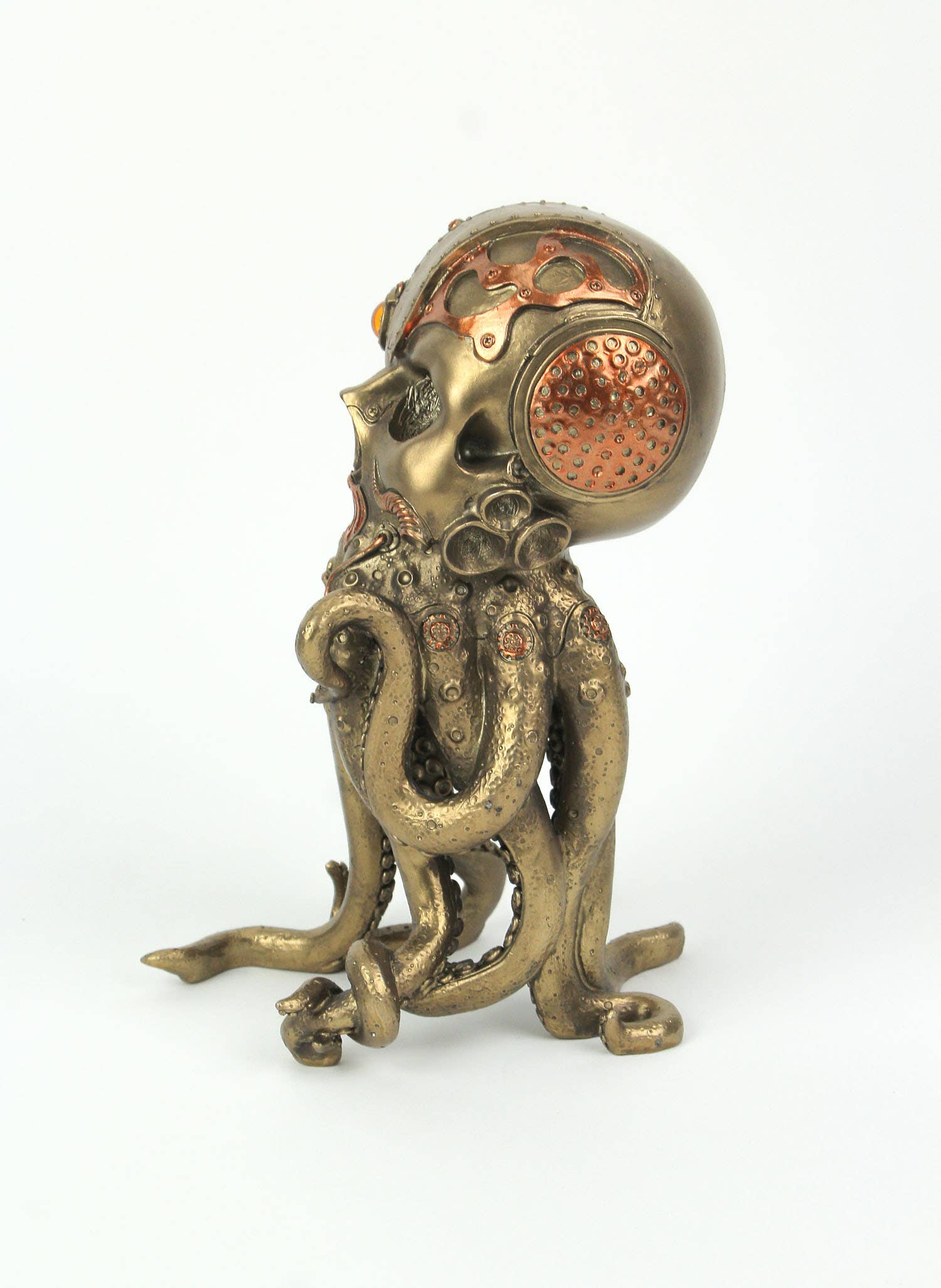 Zeckos - Venta al por mayor Figura decorativa - Estatua de pulpo y cráneo humano steampunk con acabado en bronce y cobre3
