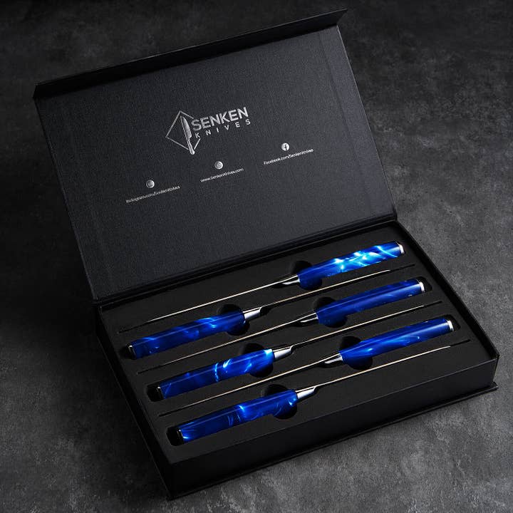 Senken Knives - Vendita all'ingrosso Set di coltelli - Set di coltelli da bistecca professionali - motivo damasco+resina blu