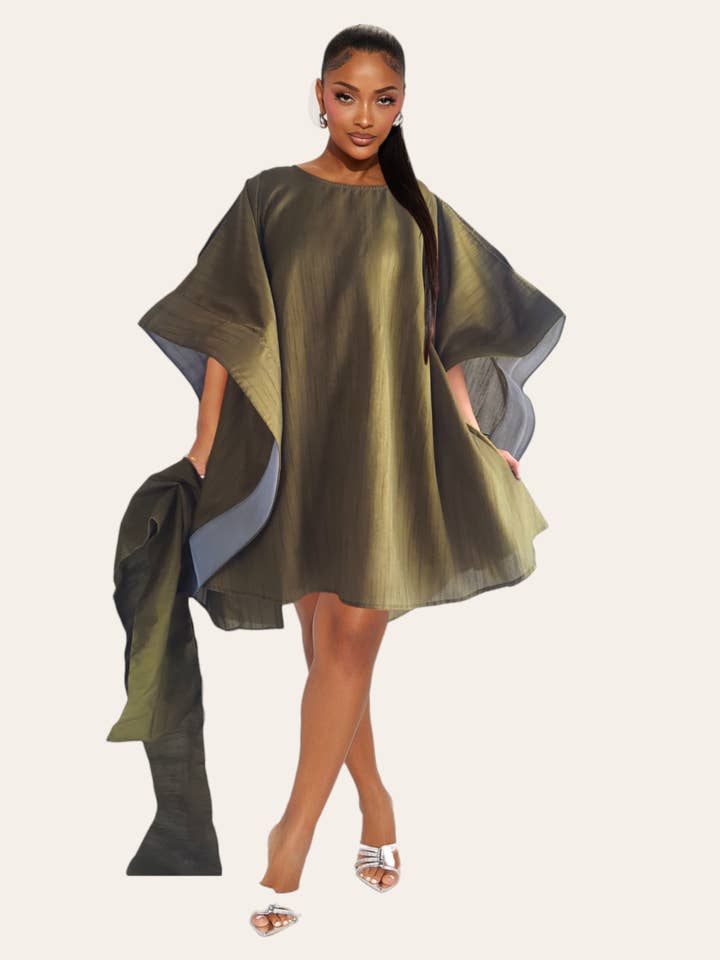 Faux Silk Wing Dress/Poncho Dress/ Wing Sleeves- Olive for wholesale by India Batik