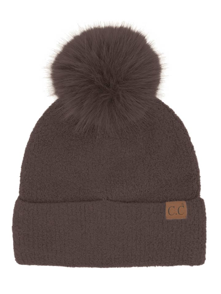 Women's Chenille Winter Pom Beanie - Brown for wholesale by Funky Junque
