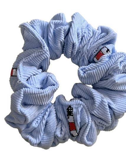 Light Blue Corduroy Scrunchie with Sankaty Lighthouses for wholesale by Piping Prints
