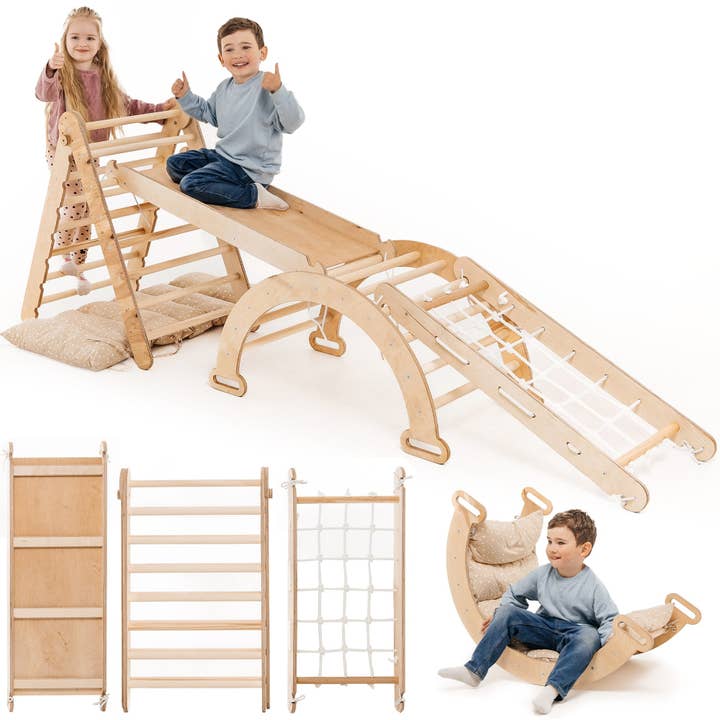5-in-1 Montessori Klimrek Set: Klimdriehoek met glijbaan, klimboog, klimnet en kussen, voor kinderen van 1-7 jaar – Beige voor wholesale door Goodevas Deutschland