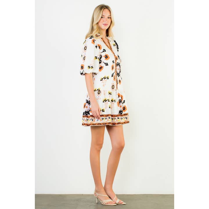 THML – Vestido - Mulher por atacado – Vestido Mini Floral com Decote em V e Mangas Bufantes5