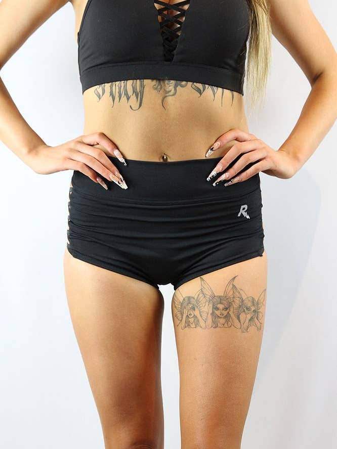 Rarr Designs - Wholesale Athletic Shorts - Women's - Matte Black Criss Cross Mid Waist Booty Shorts | Pole Wear