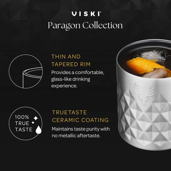 Viski - Wholesale Cocktail/Liquor Glass - Paragon Insulated Double Walled Rocks Tumbler w/ Lid - Gold