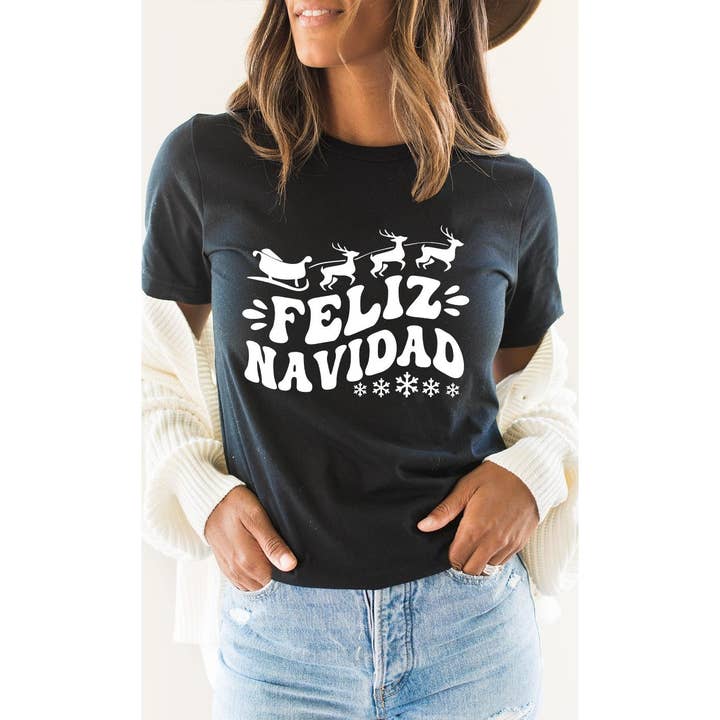 Kissed Apparel - Wholesale Screen Printed T-Shirt - Women's - Sleigh and Reindeer Feliz Navidad Graphic Tee