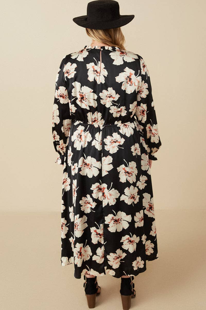 Black Womens Romantic Floral Ruffle Neck Cinched Cuff Dress for wholesale on Faire10