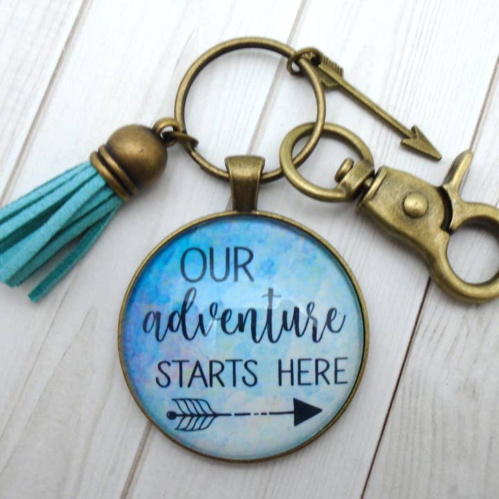 Our Adventure Starts Here Bronze Keychain for wholesale by Urban Charm