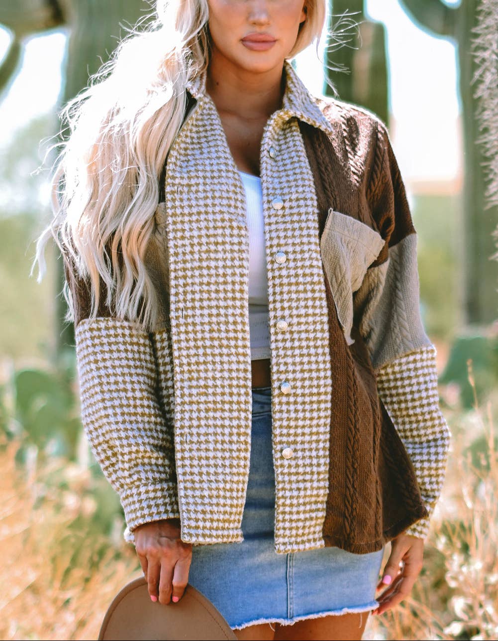 Lovesoft - Venta al por mayor Sobrecamisa - Mujer - Chaqueta holgada de patchwork texturizada en contraste de color caqui en color pata de gallo0